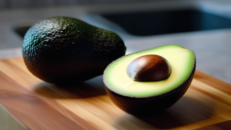 Sliced avocado placed on a wooden board in the kitchen. Avocado is bright green in color with a smooth and shiny surface. Its halves are placed to show a large pit in the middleの素材