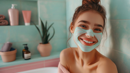 Happy teenager with blue cream face mask smiling. Skin problems in adolescence.の素材