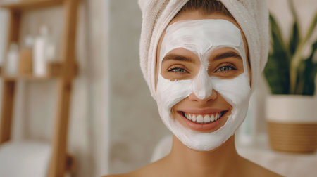 Adult happy woman taking care of her skin. The girl smiles with a creamy moisturizing mask on her face. Cleansing, toning and renewal of skin cellsの素材