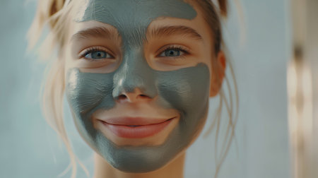 young happy girl happily takes care of her skin with a clay face mask. A teenager solves his skin problems(ÐÐ·Ð¼ÐµÐ½ÐµÐ½Ð¾)ÐÐ¾ÑÑÑÐ°Ð½Ð¾Ð²Ð¸ÑÑ Ð¸ÑÑÐ¾Ð´Ð½ÑÐ¹ Ð²Ð°ÑÐ¸Ð°Ð½Ñの素材