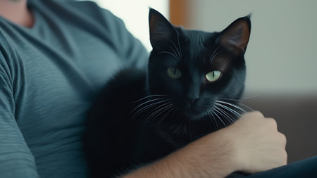 A black cat with green eyes is in the arms of a man. The owner brought the pet to the veterinarian for an appointment at the clinic to check the health of the animal and is waitingの素材