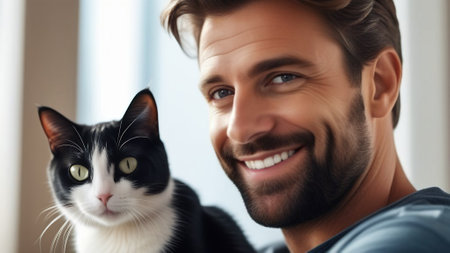 The owner and the black and white cat look at the camera. Happy handsome man interacting with pet. The guy smiles and hugs the domestic cat.の素材