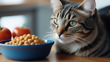 Tabby cat with green eyes next to a bowl of food in the kitchen, looking awayの素材