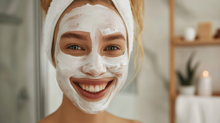 A charming young girl makes beauty treatments for her face. Woman smiling happily with white skin care maskの素材