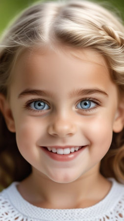 Close-up portrait of a cute little blonde girl. She looks like a real princess, surrounded by her own world of magic and wonder.の素材