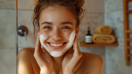 Happy natural beautiful girl smiles and washes herself with cleansing facial foam. The importance of taking care of your face to maintain a young and attractive appearance.の素材