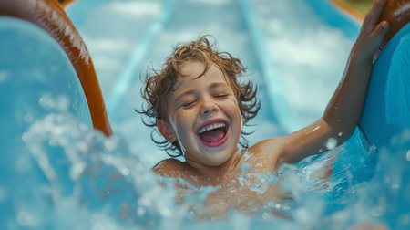 A charming little boy slides down a slide in a water park and laughs. The joy of a fun activity for children during the holidaysの素材