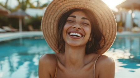 A woman in a stylish hat relaxes and laughs emotionally by the pool in an exclusive hotel. Close portrait of a beautiful young girl who has just arrived at a hotel for rest and relaxationの素材