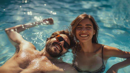 Smiling happy couple relaxing, lying in the pool, enjoying the warm sun and gentle water. Man and woman laughing during their holiday at the resortの素材