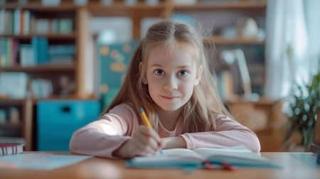 A happy little girl is sitting at a wooden desk, writing in a book. She smiles as she enjoys her leisure time, having fun and sharing her thoughts in her publicationの素材