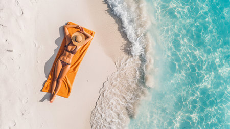 top view of a girl sunbathing on an orange towel in a hat on the beach near a dynamic sea clean transparent blue wave. banner with the concept of lazy relaxation and recuperation on vacationの素材
