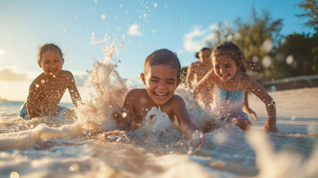 children laugh and have fun in the waves of the sea on the beach. Happy childhood of cute kids During the holidaysの素材