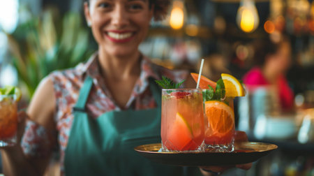 Friendly happy woman waitress holding a tray with tropical beautiful bright drinks. cocktails in a glass for bar or restaurant guestsの素材