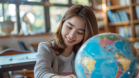 Geography lesson at school. asian girl with globe in classの素材