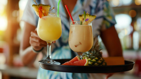 two cooling delicious tropical smoothie drinks on a fruit tray. hotel service for an unforgettable happy holiday and relaxation on vacation for visitorsの素材
