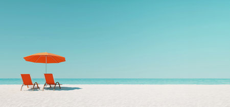 a minimalistic banner of a seascape, looking like a postcard from a vacation. the sea line stretches in the distance on the horizon, two orange sun loungers and a sun umbrella in the foregroundの素材
