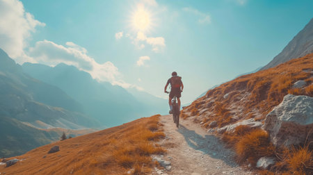 a man rides a bicycle through the mountains on an extreme route on his vacation or weekend. Cycling is a hobby for active peopleの素材