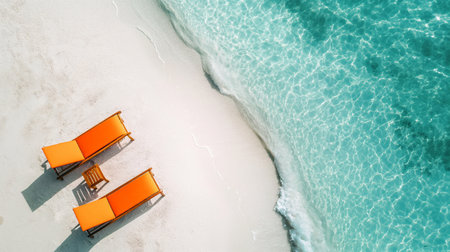 An ideal place for sunbathing and relaxing for two people. top view of sea shore with crystal clear blue water and orange sun loungers on white sandの素材