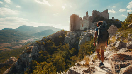 male tourist has reached his destination on a hike and looks at the old ruined castle. a man on a mountain among the ruins exploring the sights and historical Heritage on vacationの素材