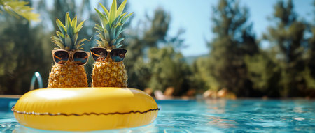 Cool satisfied Pineapples Adorned with Sunglasses on an yellow Inflatable Ring, Soaking Up Poolside Bliss. Fun in the Sun bannerの素材