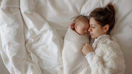 A young mother with her newborn little baby lies on white sheets on the bed, top view. Embracing Motherhood, the Tranquil Moments of motherhood Connection, Lying Togetherの素材
