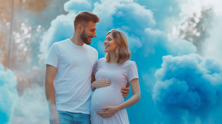 happy young couple of a man and a pregnant woman are going to become parents and find out the gender of their unborn child at a baby shower with the help of blue smoke. Celebrating Parenthoodの素材