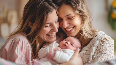 Journey of Parenthood, An LGBT Couple Joyfully Adopts Their Precious Baby, Fostering a Home Filled with Love. Portrait of happy female Gay couple with baby. Concept ofhomosexual lesbian marriageの素材