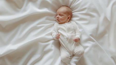 Cute little newborn baby lying on white sheets, top view banner with copy space. Cherished Moments, Capturing the Tender Rest of a Darling infant sleeping Serenelyの素材