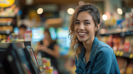 Customer Satisfaction: Woman Smiling While Scanning Items at Self-Checkout Counter. Happy girl does self-shopping in a storeの素材
