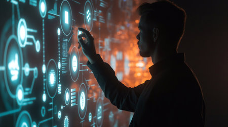 Modern Business Maverick: Man Strategizes with Electronic Hologram, Analyzing Data for Profitable Investment Venturesの素材