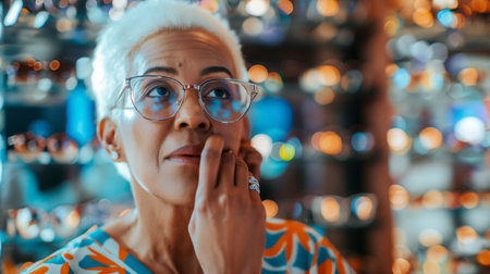 An old smiling black woman tries on glasses in front of a showcase of various eyeglass frames in an optometry shop. the process of selecting the perfect pair, discerning taste and individualityの素材