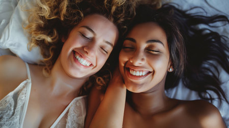 Harmony in Diversity: Close-Up Portrait of Blissful Lesbian Partners, Lying Together in Fashionable Suit, Advocating for Inclusivity in LGBT Communityの素材