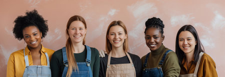 A group of women with cleaning supplies stand in a row. Workers of a cleaning company, vacancies for work as a cleaner or maid. Smiling Female Team: Diverse Workforce Ready to Tackle Any Messの素材