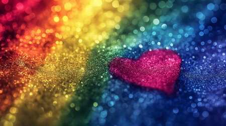 Rainbow shiny flag with heart, Abstract background with glitter love. Colourful Backdrop, Illustrating the Dreamy and Enchanting Nature of Same-Sex Affection in LGBT Relationshipの素材