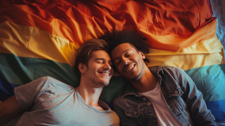 Unified Affection: Gay Partners Embrace on Bed, Signifying Love and Advocating for LGBT Rights and Identity Acceptanceの素材