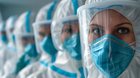 Medical workers in protective suits stand in a row. Vaccine developers in laboratory and female scientific chemists researchers wearing mask close-upの素材