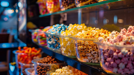 A movie theater concession stand featuring an eye-catching display of popcorn and sweets, offering a tempting variety of flavors and colors to delight moviegoers with a delightful selection of snacksの素材