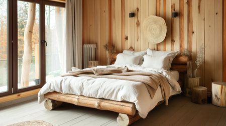 Rustic Retreat: Bedroom Interior Designed with Eco-Friendly Wooden Materials - 3d rendering for Natural Living Spacesの素材