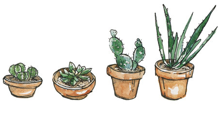 Watercolor illustration set of green succulent in clay pots, sketch isolated on a white background.の写真素材