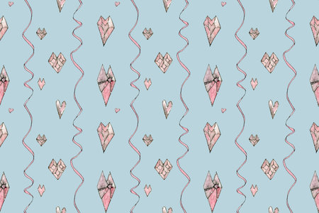 Watercolor pattern of pink hearts, drawn by hand on a light blue background. Elegant muted color illustration.の写真素材