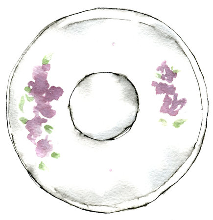 Watercolor illustration set of lilac branch, black and white delicate pastel saucer drawn by hand in sketch style.の写真素材