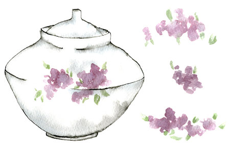 Watercolor illustration set of lilac branch, black and white delicate pastel sugar bowl drawn by hand in sketch style.の写真素材