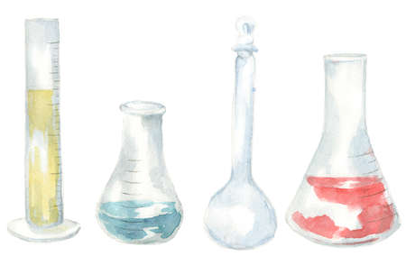 Hand drawn watercolor set of glass flask and bottles for science. Illustration of chemistry set, realistic drawing of pharmaceutical packaging isolated on white.の写真素材