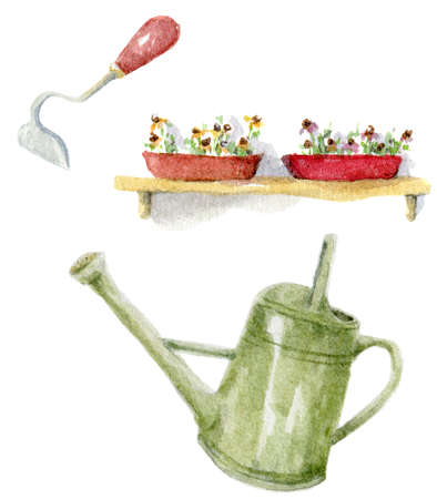 Watercolor illustration set of home gardening composition with wooden, flower box on shelf, plants chopper and watering can. Hand drawn clipart of spring sowing for design on the theme of calm life, isolated on white background.の写真素材