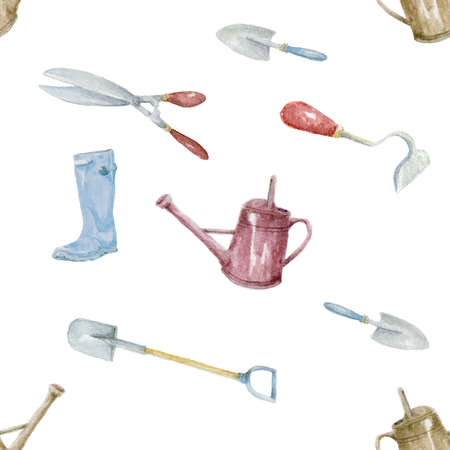 Hand drawn watercolor seamless pattern of gardening tools. Farm digital paper on white background. Garden supplies, hoe, shovel, rubber boots, scissors and watering can.の写真素材