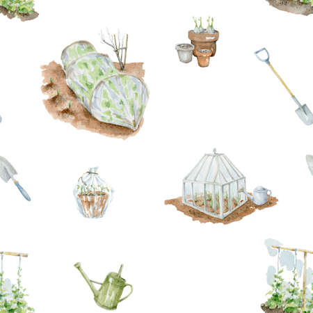 Hand drawn watercolor illustration, eanglish-style garden glass greenhouse with watering can. Village gardering composition clipart, isolated on a white background, for design on the theme of farm life, clipart and stikers.の写真素材