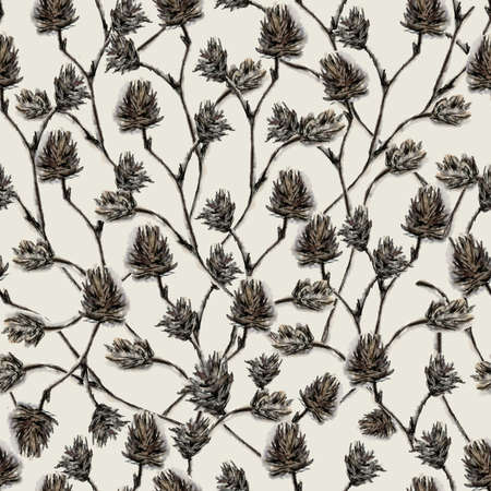 Watercolor illustration of delicate pastel, beige fluffy branches in the sketch style. Elegant dried flowers on a light beige background. Perfect for wrappers, wallpapers, postcards, greeting cards, events.の写真素材