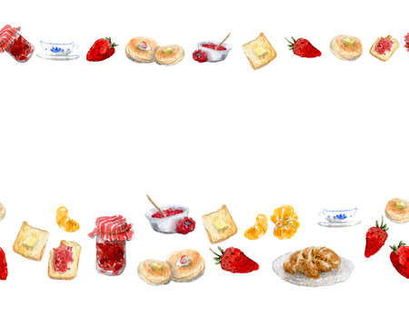 Watercolor illustration of Breakfast items, jam, toast, pancakes, border with copyspace, isolated on a white background. Horizontal stripes for invitations, cards, greetings, other design.の写真素材