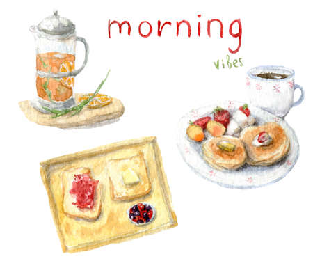 Watercolor hand drawn breakfast set. Food illustration isolated on white background. Clip art lunch set of elements: toast, jam, mug, pancakes, coffee, tea, french press.の写真素材