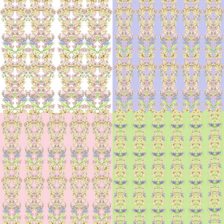 Watercolor set of seamless patterns with pastel pink, yellow, purple flower stripe drawn by hand....
